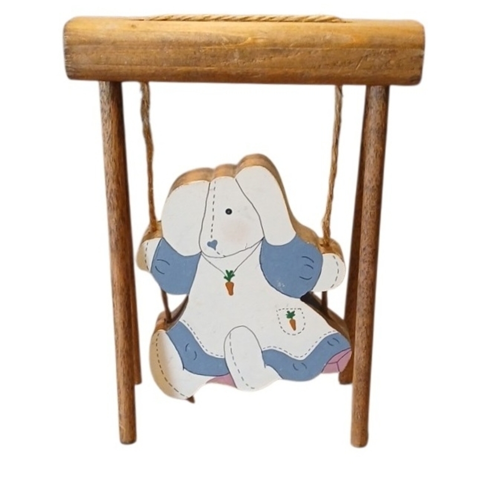 Hand Crafted Wooden Bunny Swing with Blue and White Accents